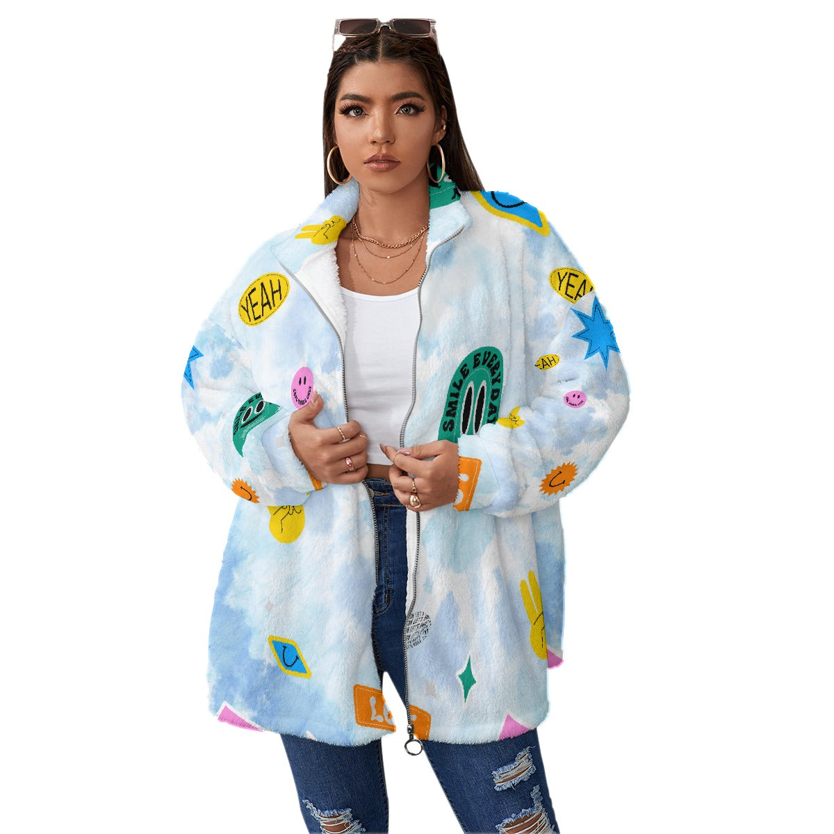 All-Over Print Unisex Borg Fleece Stand-up Collar Coat With Zipper Closure(Plus Size)