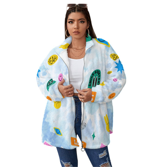 All-Over Print Unisex Borg Fleece Stand-up Collar Coat With Zipper Closure(Plus Size)