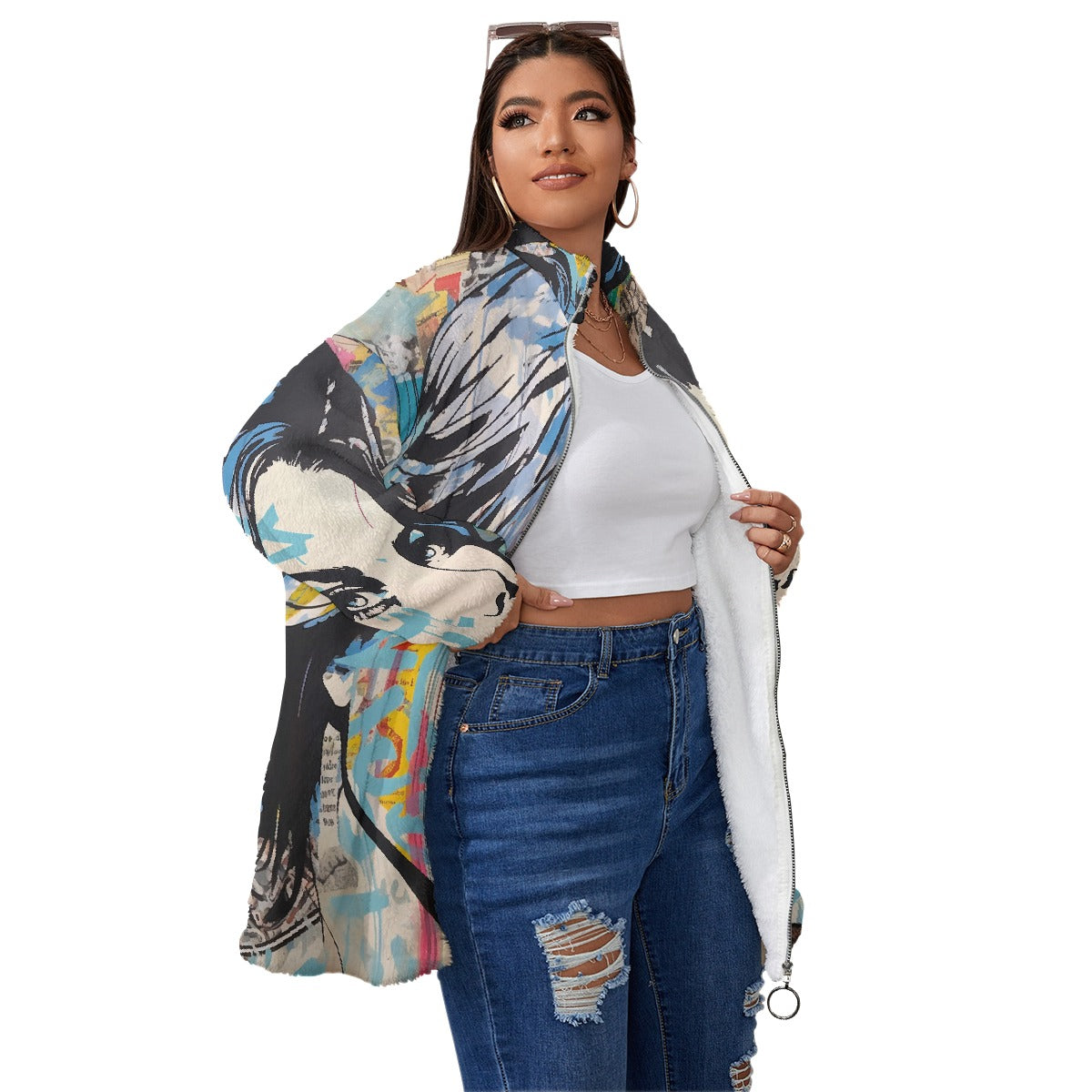 All-Over Print Unisex Borg Fleece Stand-up Collar Coat With Zipper Closure(Plus Size)