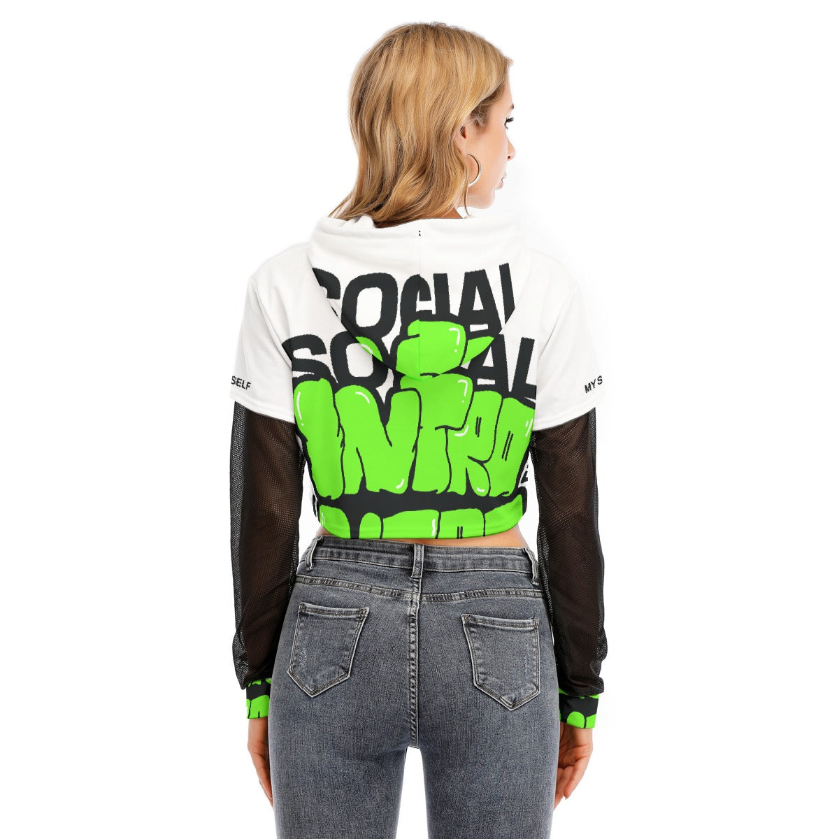 All-Over Print Women's Fake Two-piece Mesh Sleeve Cropped Hoodie