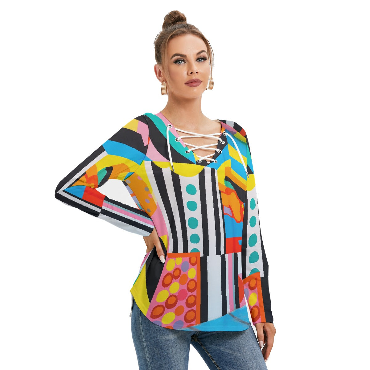 All-Over Print Women's Long Sleeve Neckline Tie Sweatshirt