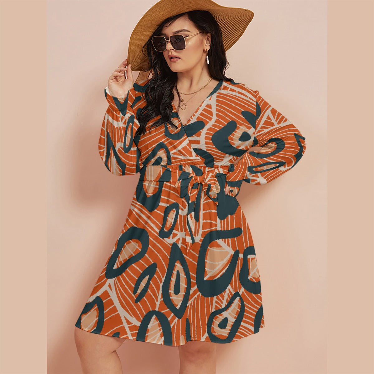 All-Over Print Women's V-neck Dress With Waistband(Plus Size)