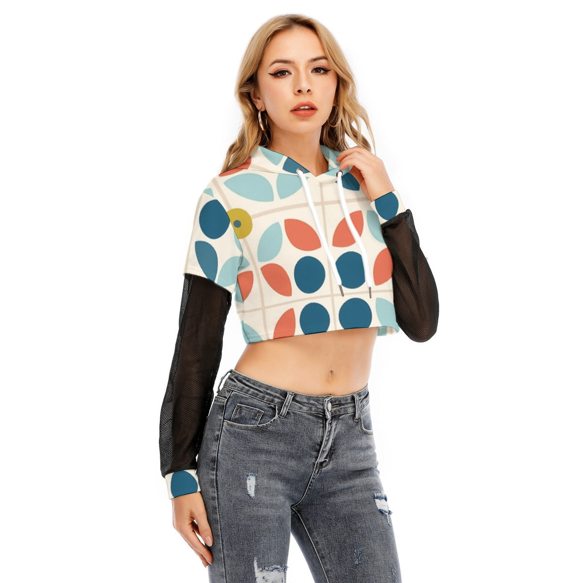 All-Over Print Women's Fake Two-piece Mesh Sleeve Cropped Hoodie