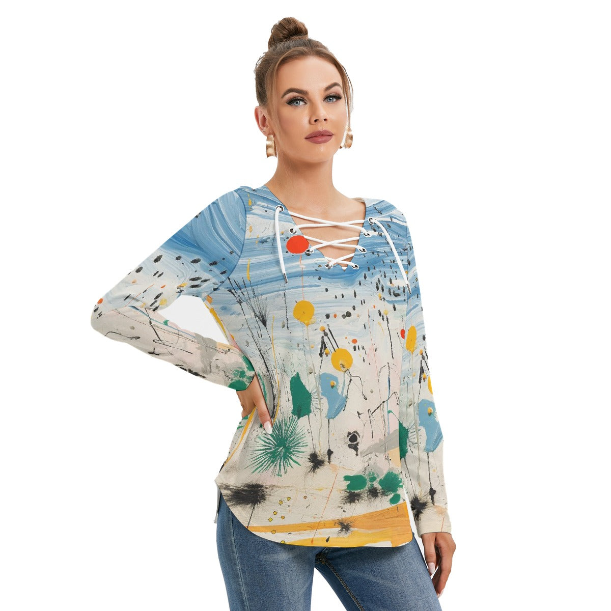All-Over Print Women's Long Sleeve Neckline Tie Sweatshirt