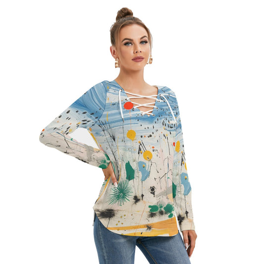 All-Over Print Women's Long Sleeve Neckline Tie Sweatshirt