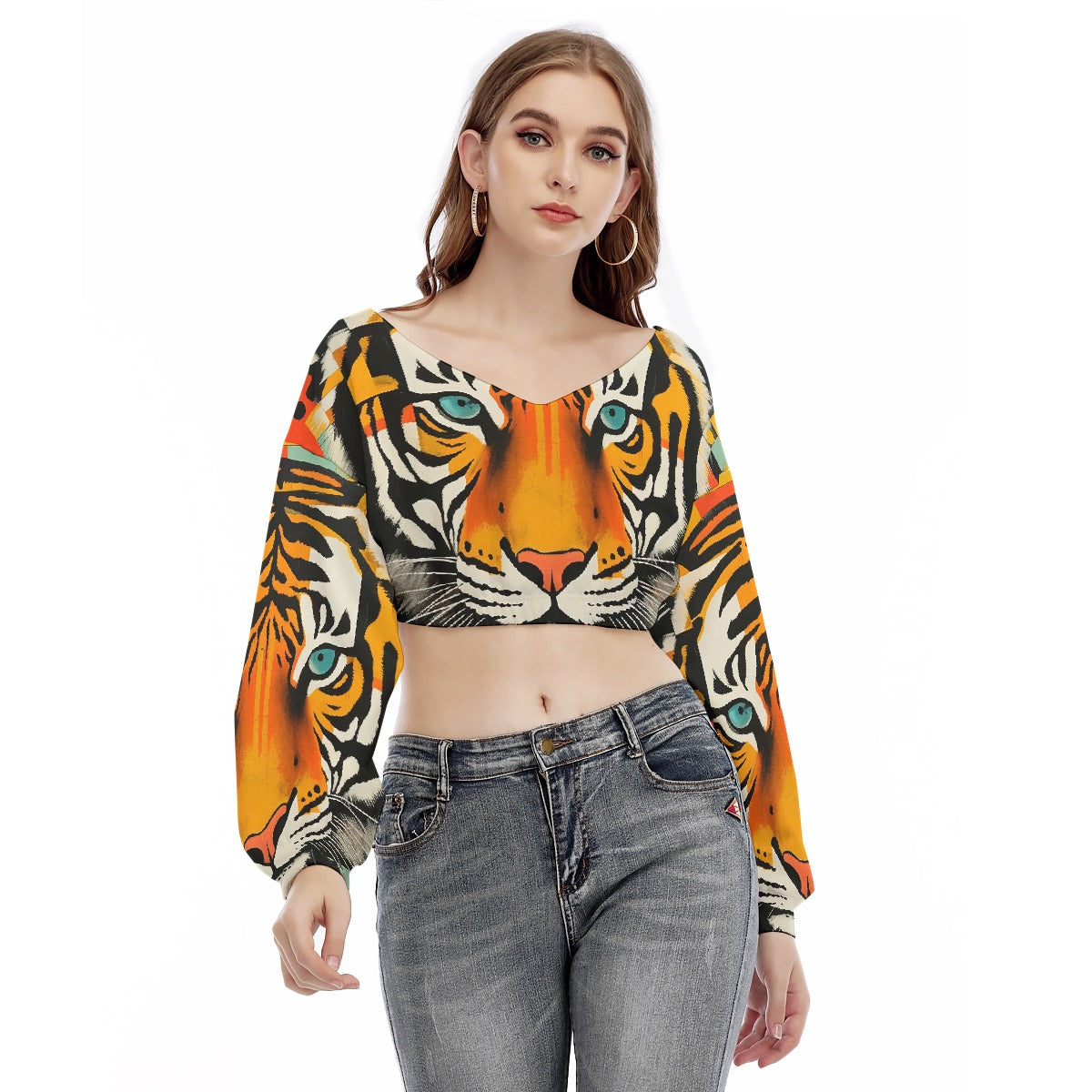 All-Over Print Women's V-neck Long Sleeve Cropped Sweatshirt