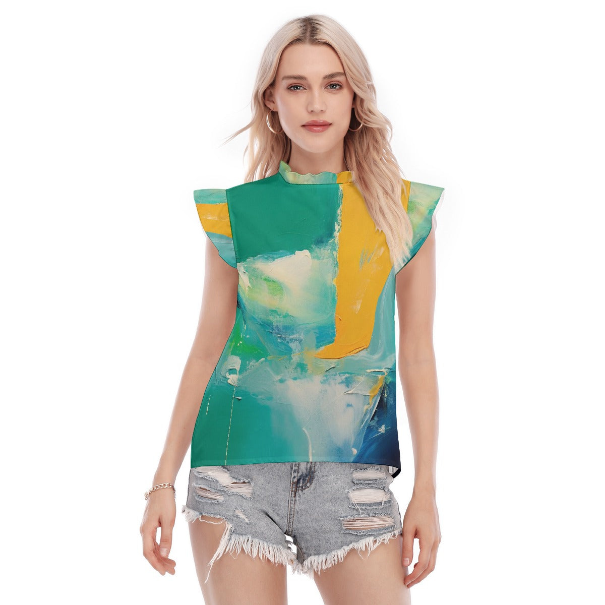 All-Over Print Women's Blouse With Ruffle Collar And Sleeve