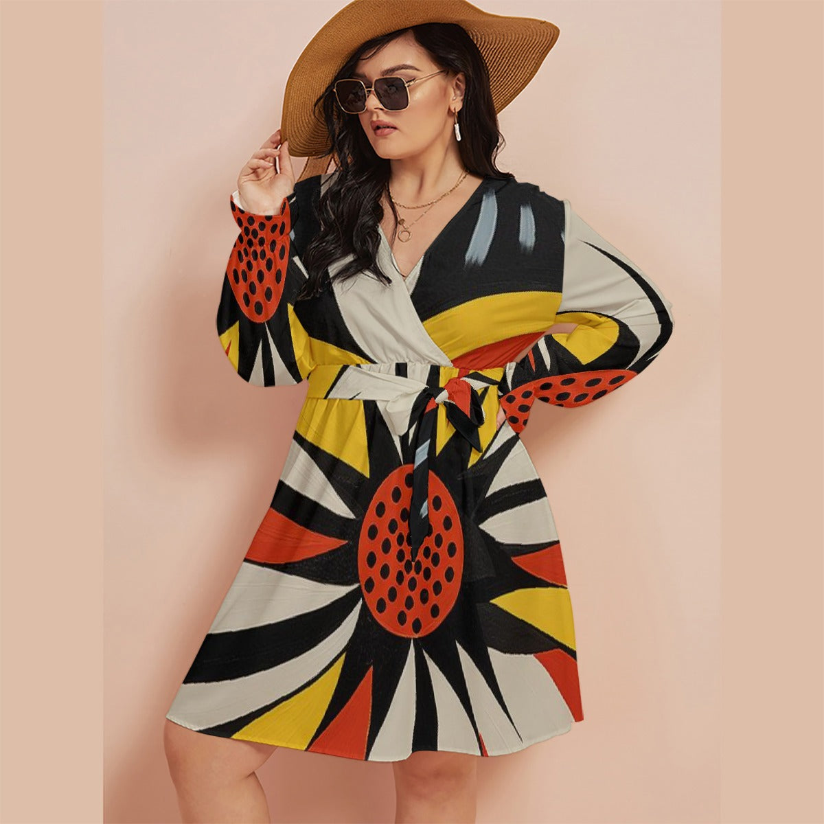 All-Over Print Women's V-neck Dress With Waistband(Plus Size)