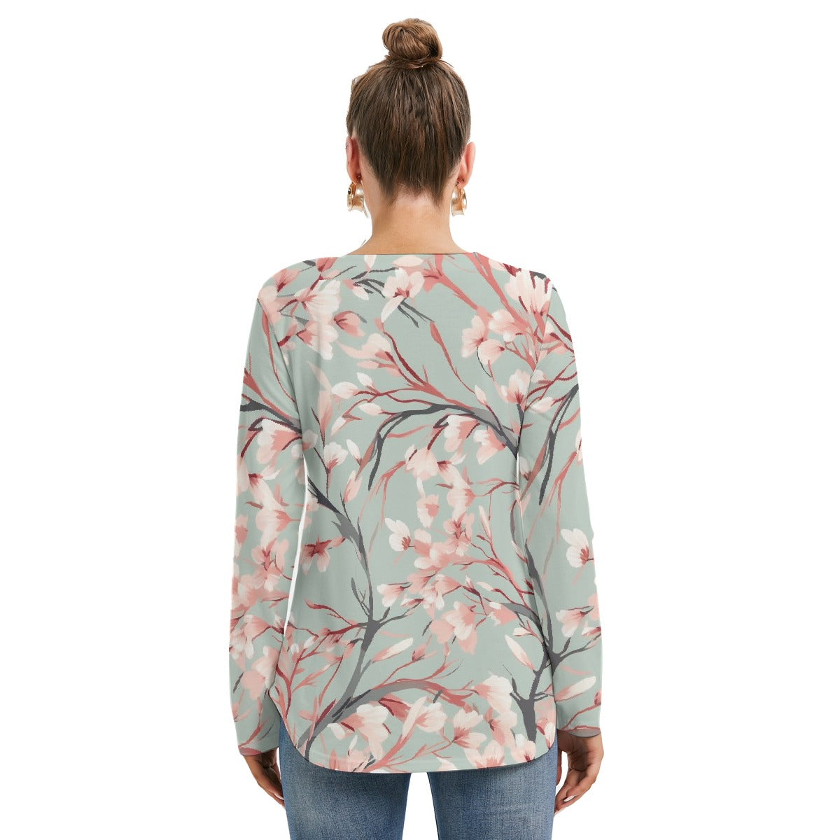 All-Over Print Women's Long Sleeve Neckline Tie Sweatshirt