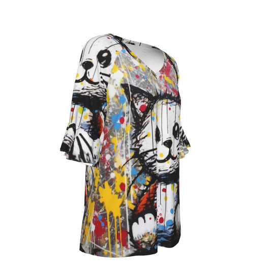 All-Over Print V-neck Women's T-shirt With Bell Sleeve