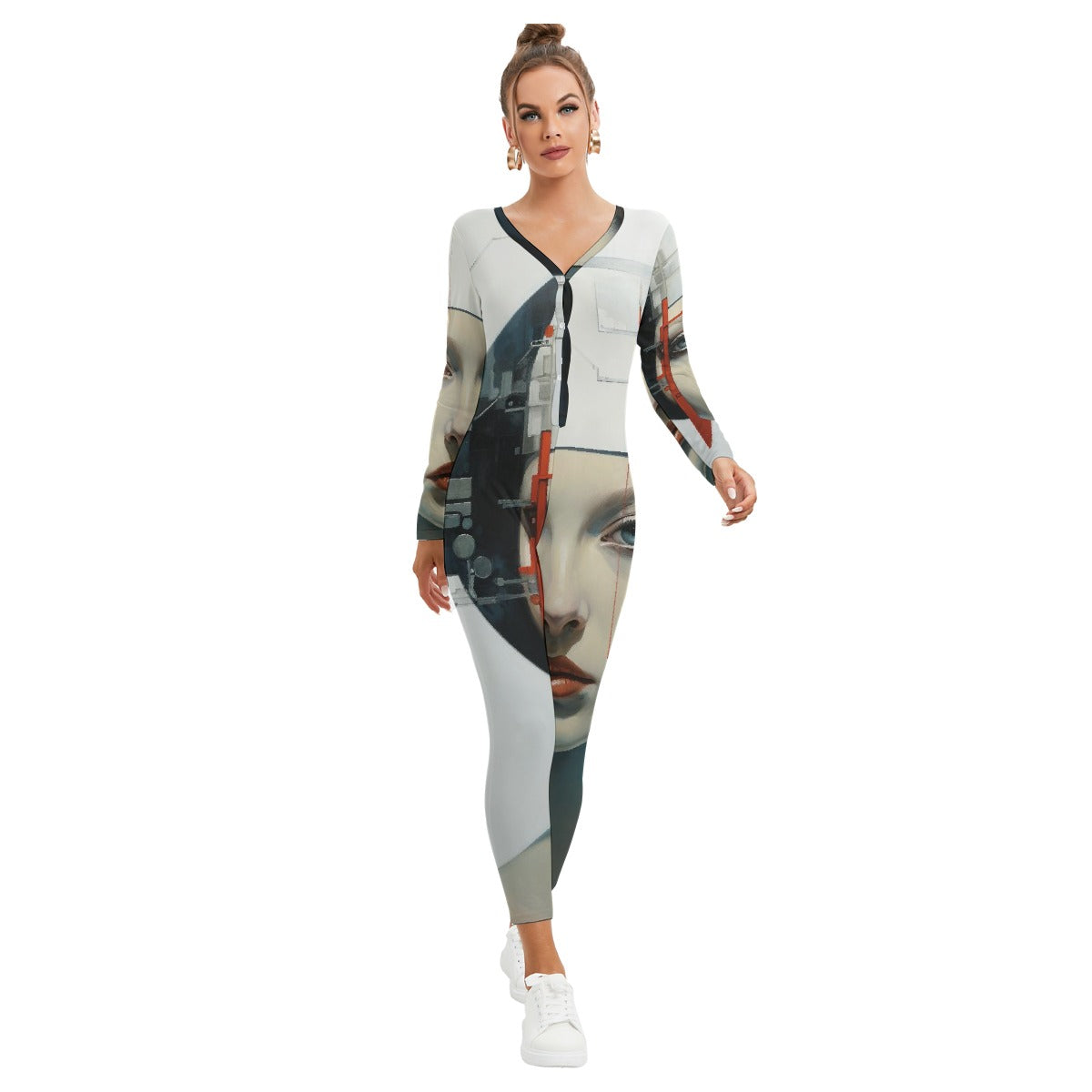 All-Over Print Women's Plunging Neck Jumpsuit