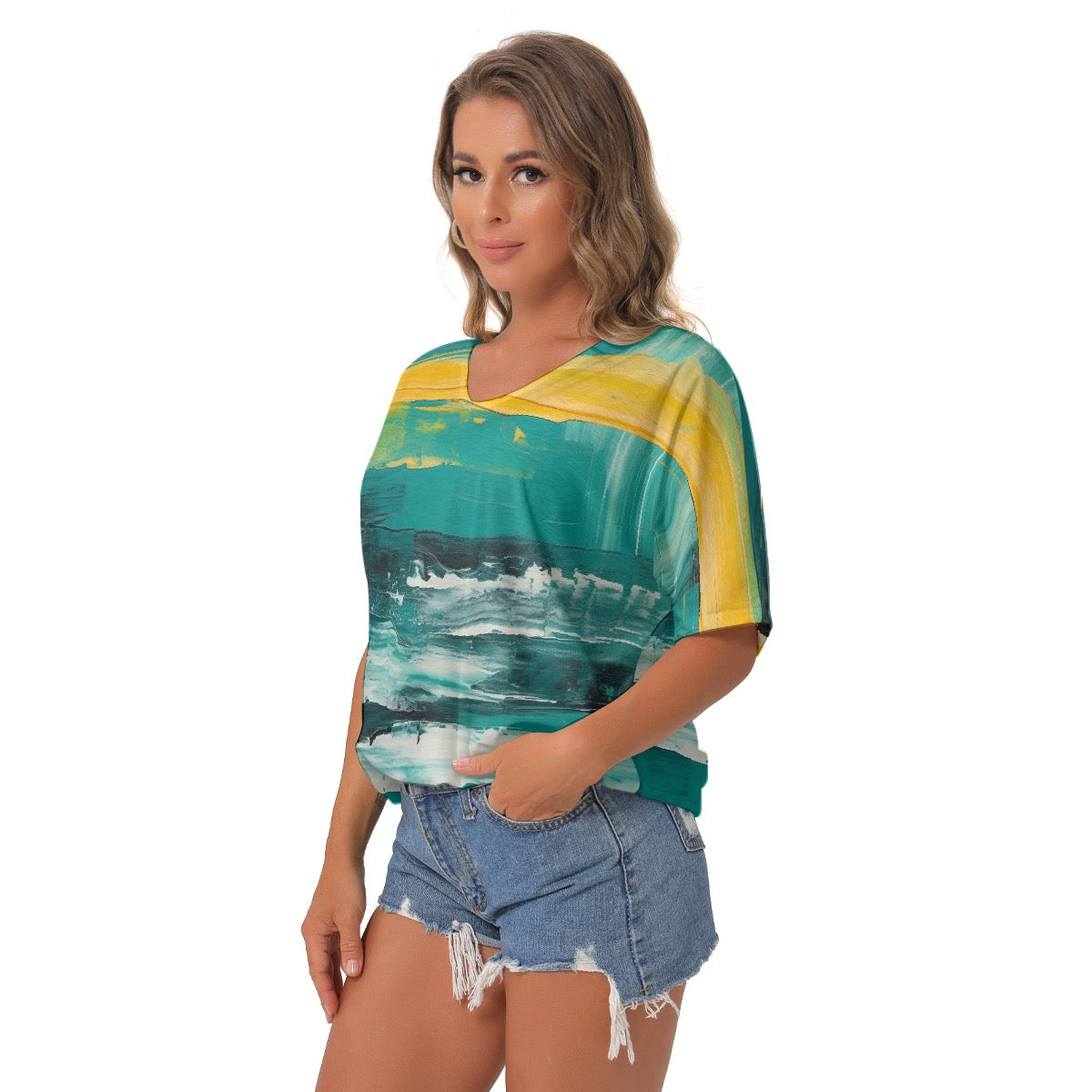 All-Over Print Women's Bat Sleeves V-Neck Blouse