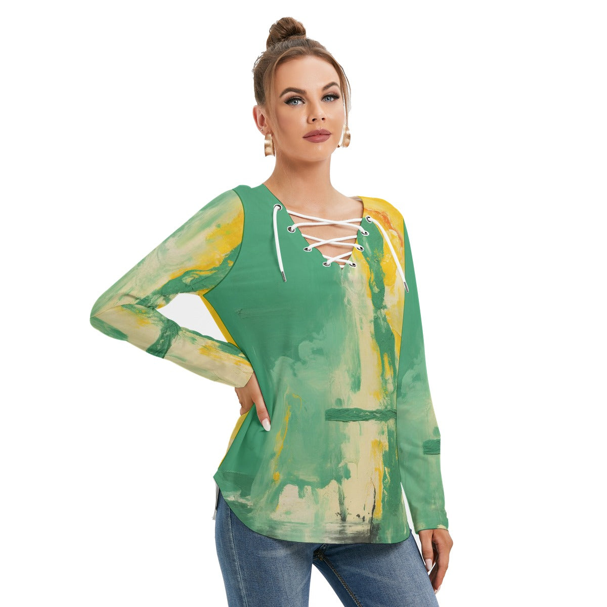 All-Over Print Women's Long Sleeve Neckline Tie Sweatshirt