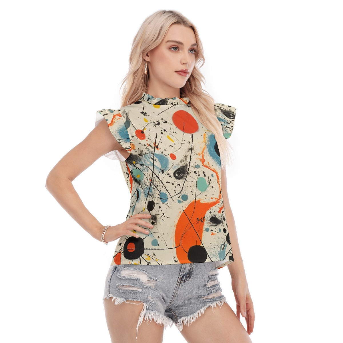 All-Over Print Women's Blouse With Ruffle Collar And Sleeve