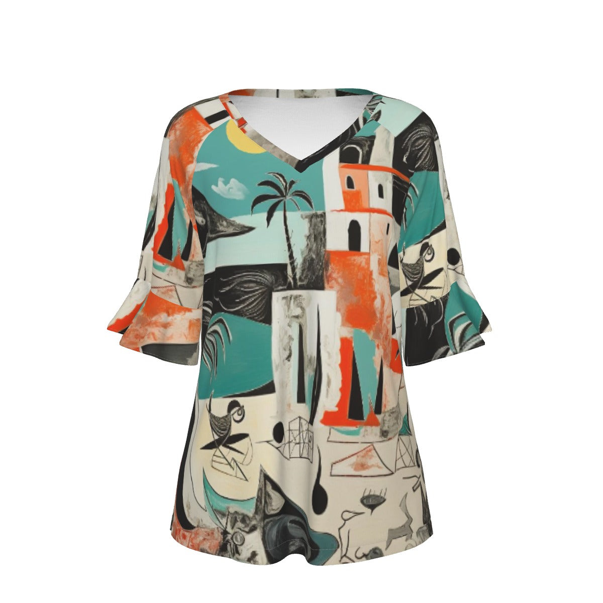 All-Over Print V-neck Women's T-shirt With Bell Sleeve