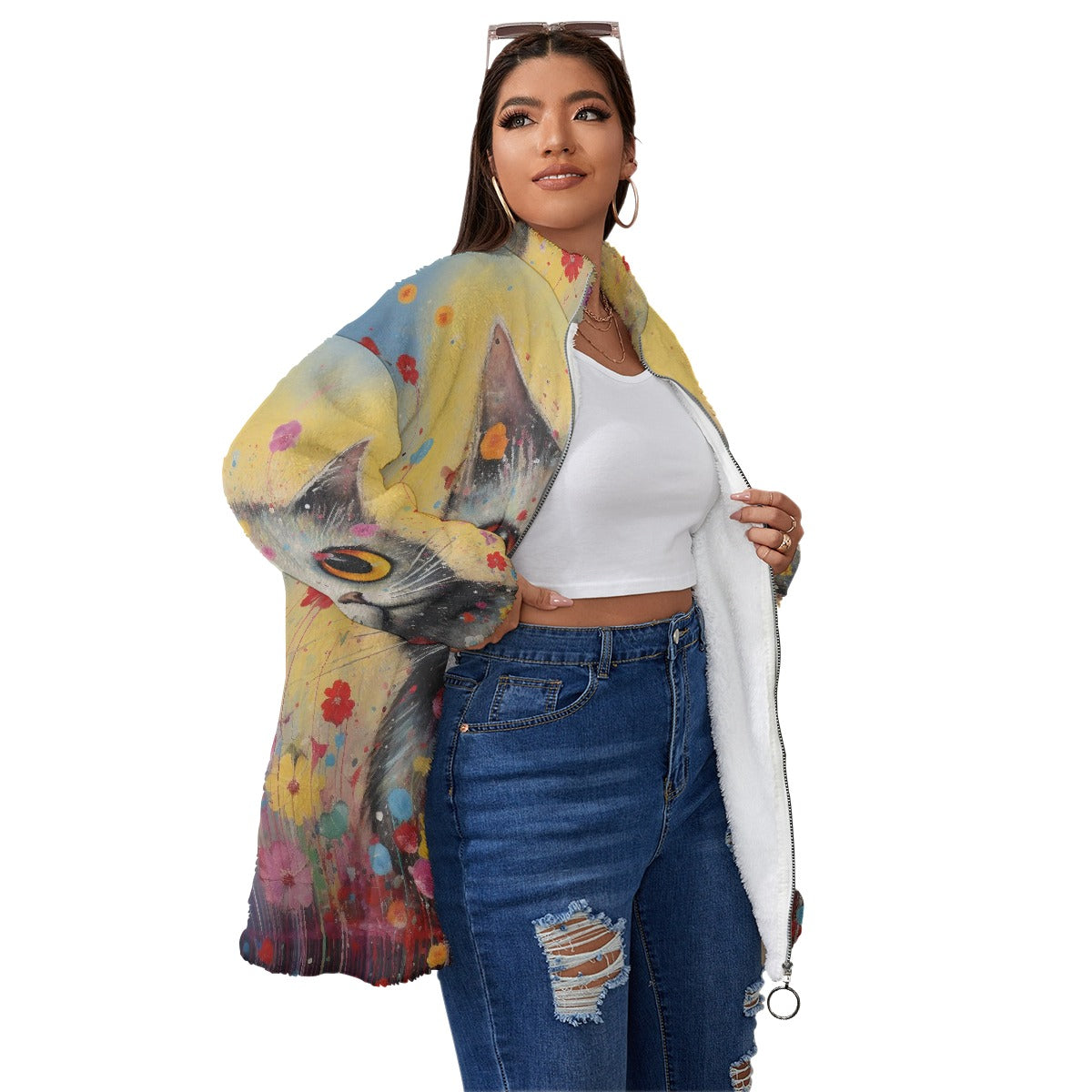 All-Over Print Unisex Borg Fleece Stand-up Collar Coat With Zipper Closure(Plus Size)