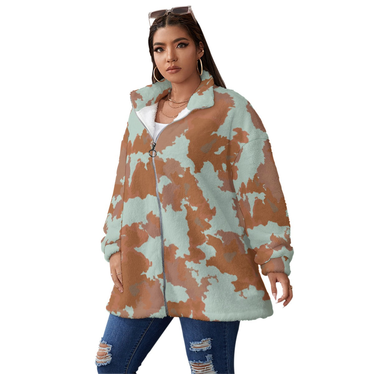 All-Over Print Unisex Borg Fleece Stand-up Collar Coat With Zipper Closure(Plus Size)