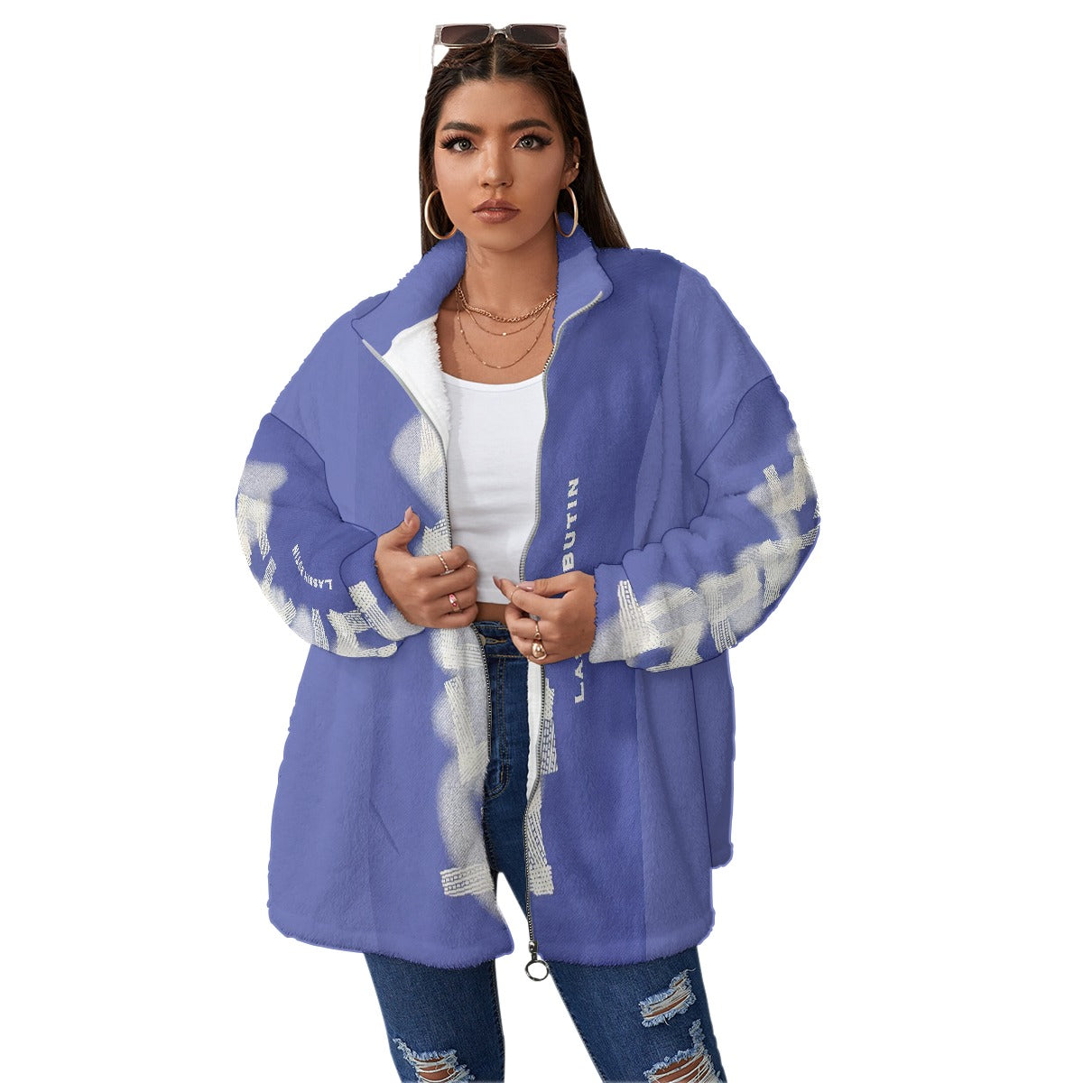 All-Over Print Unisex Borg Fleece Stand-up Collar Coat With Zipper Closure(Plus Size)