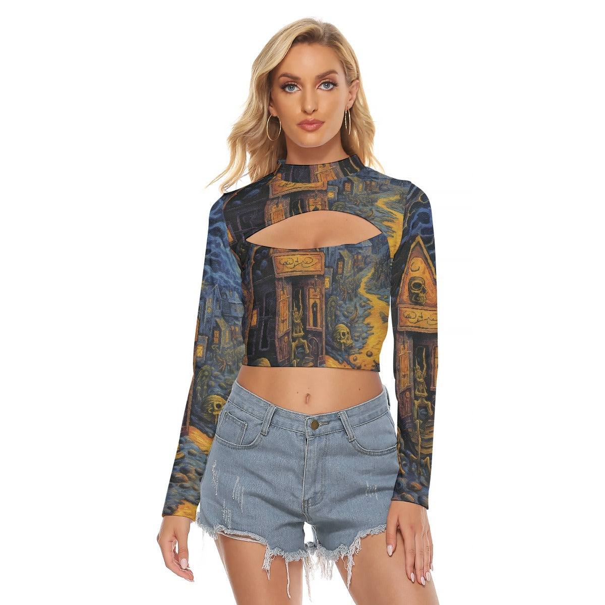 All-Over Print Women's Hollow Chest Keyhole Tight Crop Top