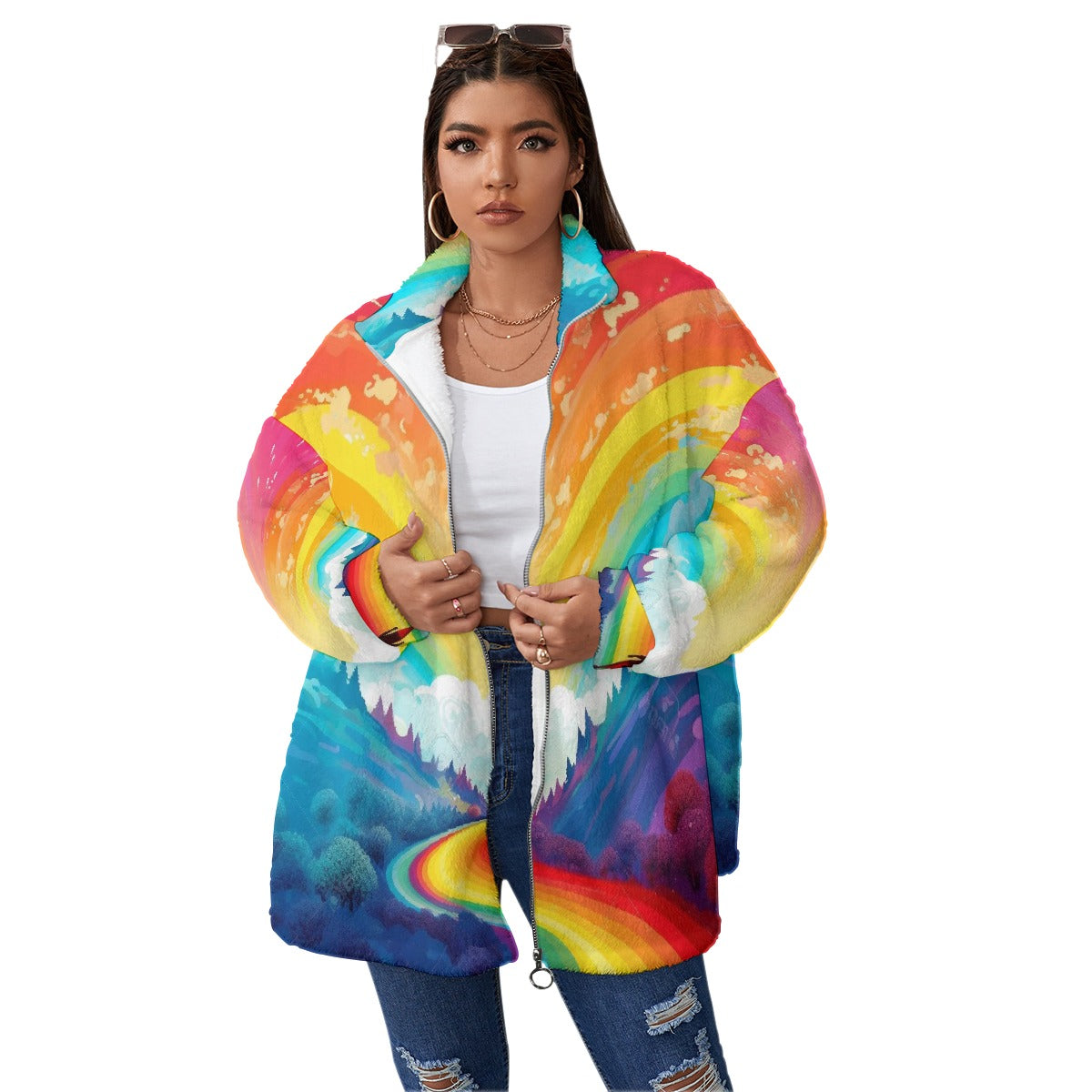 All-Over Print Unisex Borg Fleece Stand-up Collar Coat With Zipper Closure(Plus Size)