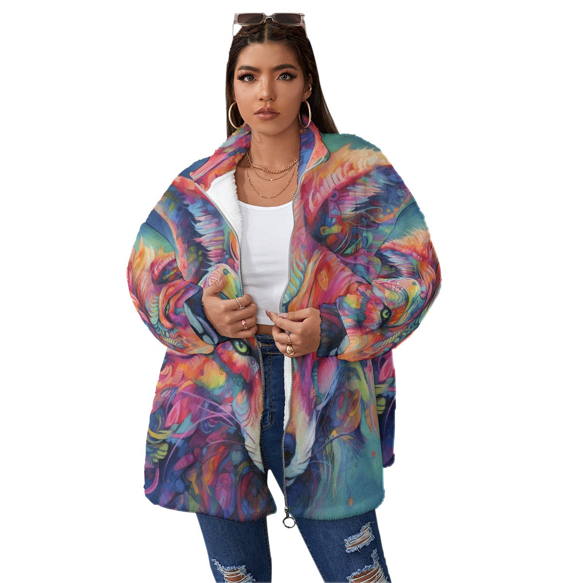 All-Over Print Unisex Borg Fleece Stand-up Collar Coat With Zipper Closure(Plus Size)