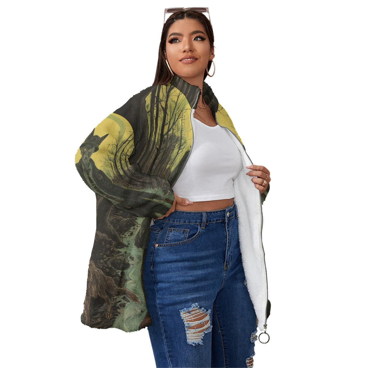 All-Over Print Unisex Borg Fleece Stand-up Collar Coat With Zipper Closure(Plus Size)