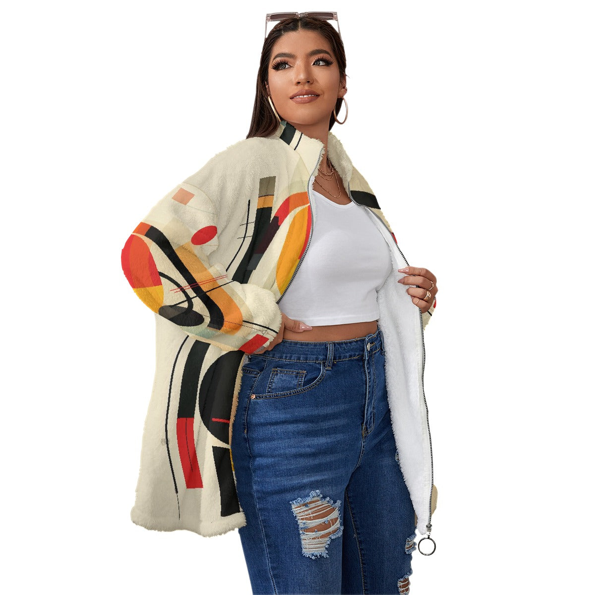 All-Over Print Unisex Borg Fleece Stand-up Collar Coat With Zipper Closure(Plus Size)