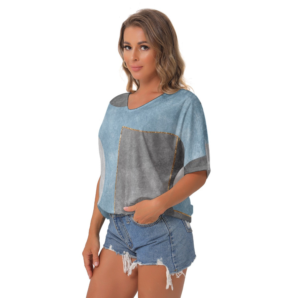 All-Over Print Women's Bat Sleeves V-Neck Blouse