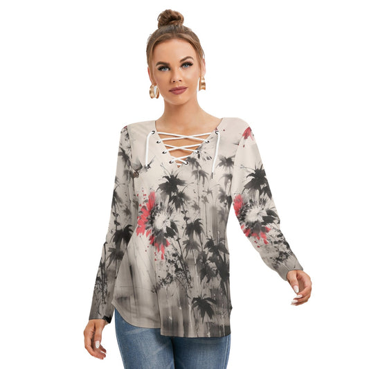 All-Over Print Women's Long Sleeve Neckline Tie Sweatshirt