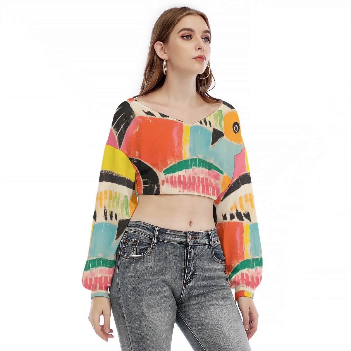 All-Over Print Women's V-neck Long Sleeve Cropped Sweatshirt