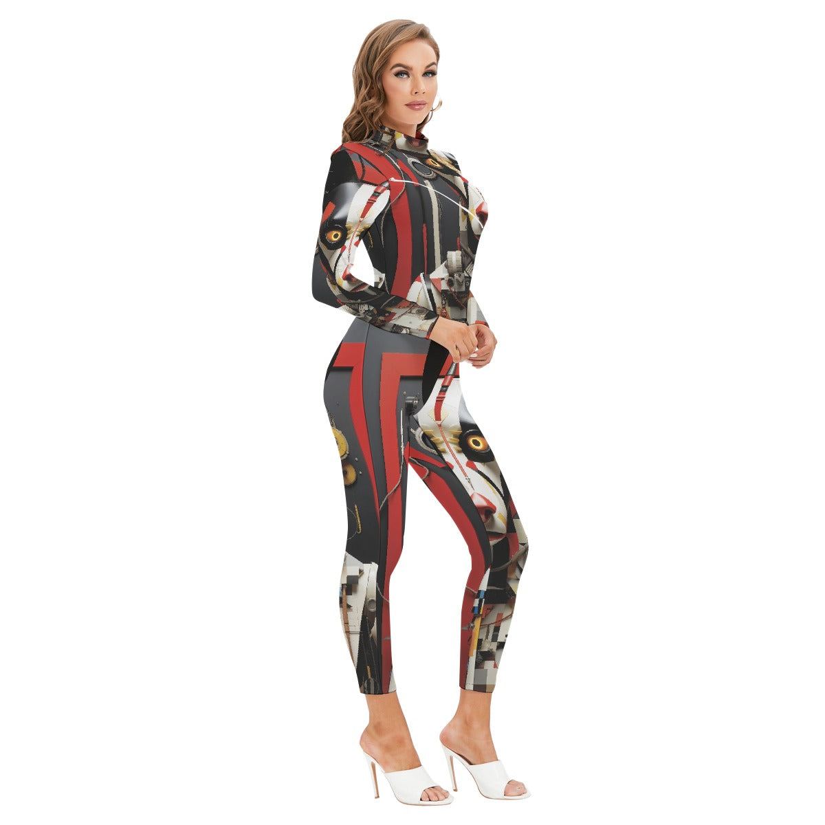 All-Over Print Women's Long-sleeved High-neck Jumpsuit With Zipper