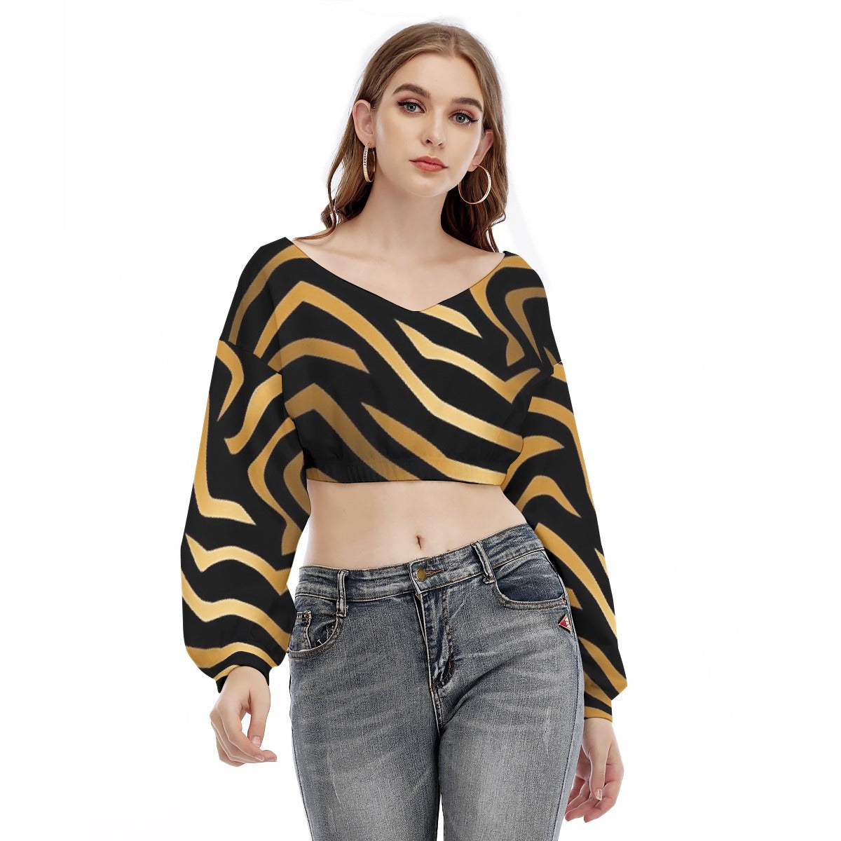 All-Over Print Women's V-neck Long Sleeve Cropped Sweatshirt