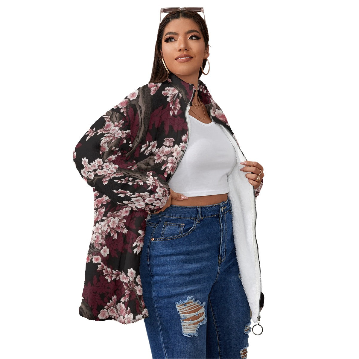 All-Over Print Unisex Borg Fleece Stand-up Collar Coat With Zipper Closure(Plus Size)