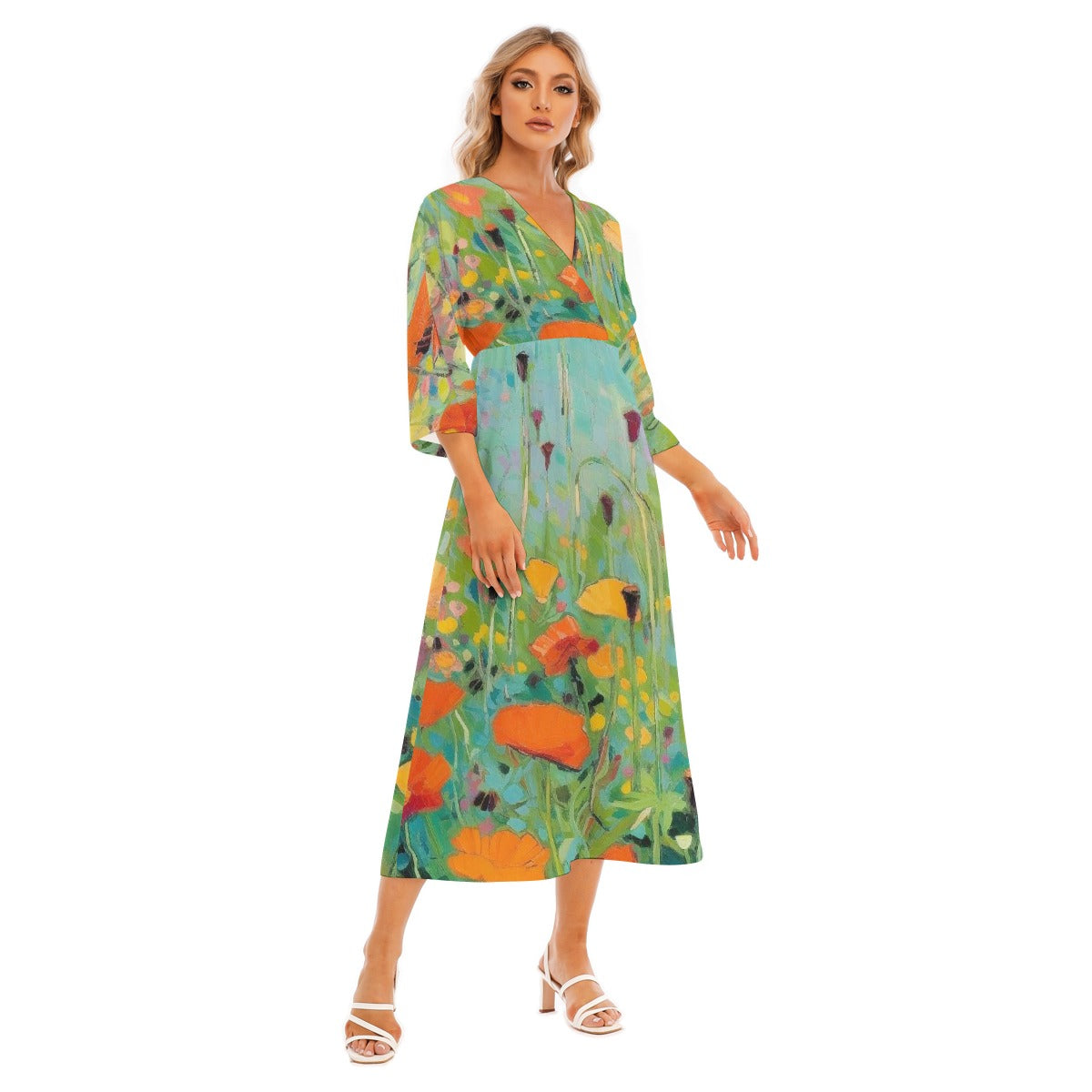 All-Over Print Women's Mid-Sleeve Long Dress