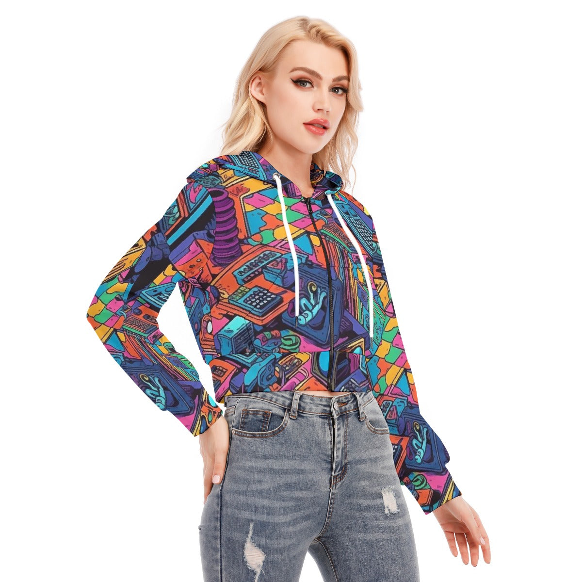 All-Over Print Women's Crop Top Hoodie With Zipper Closure