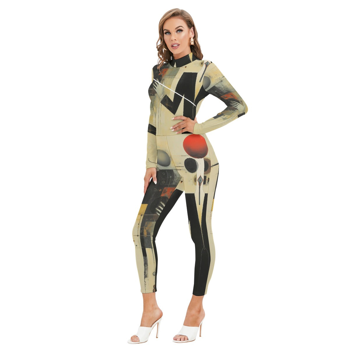 All-Over Print Women's Long-sleeved High-neck Jumpsuit With Zipper