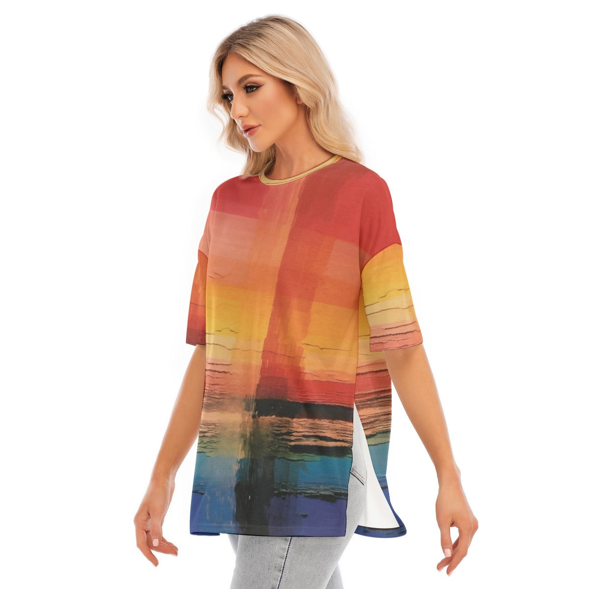 All-Over Print Women's Short Sleeves T-shirt With Hem Split