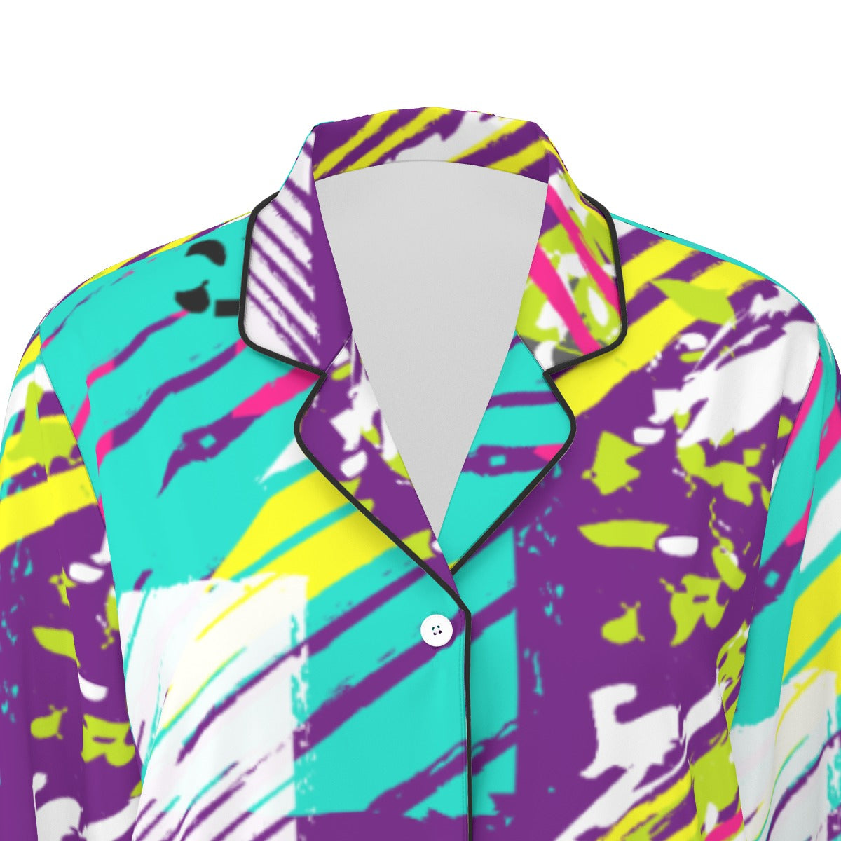 All-Over Print Women's Long Sleeve Pajama Set With Black Contrast Piping