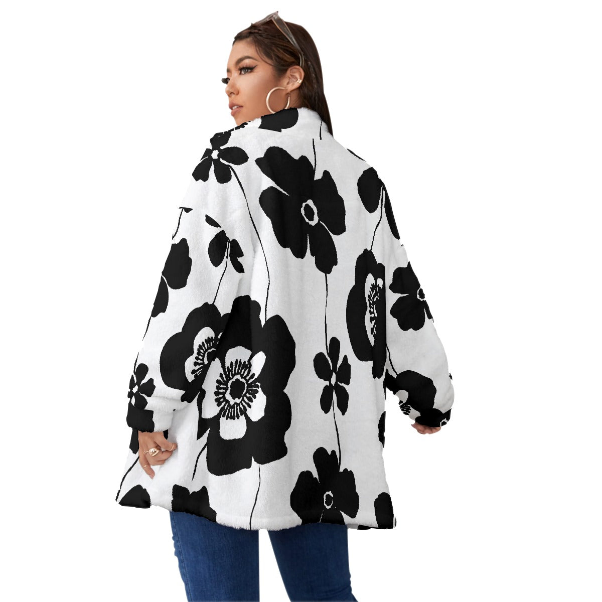 All-Over Print Unisex Borg Fleece Stand-up Collar Coat With Zipper Closure(Plus Size)