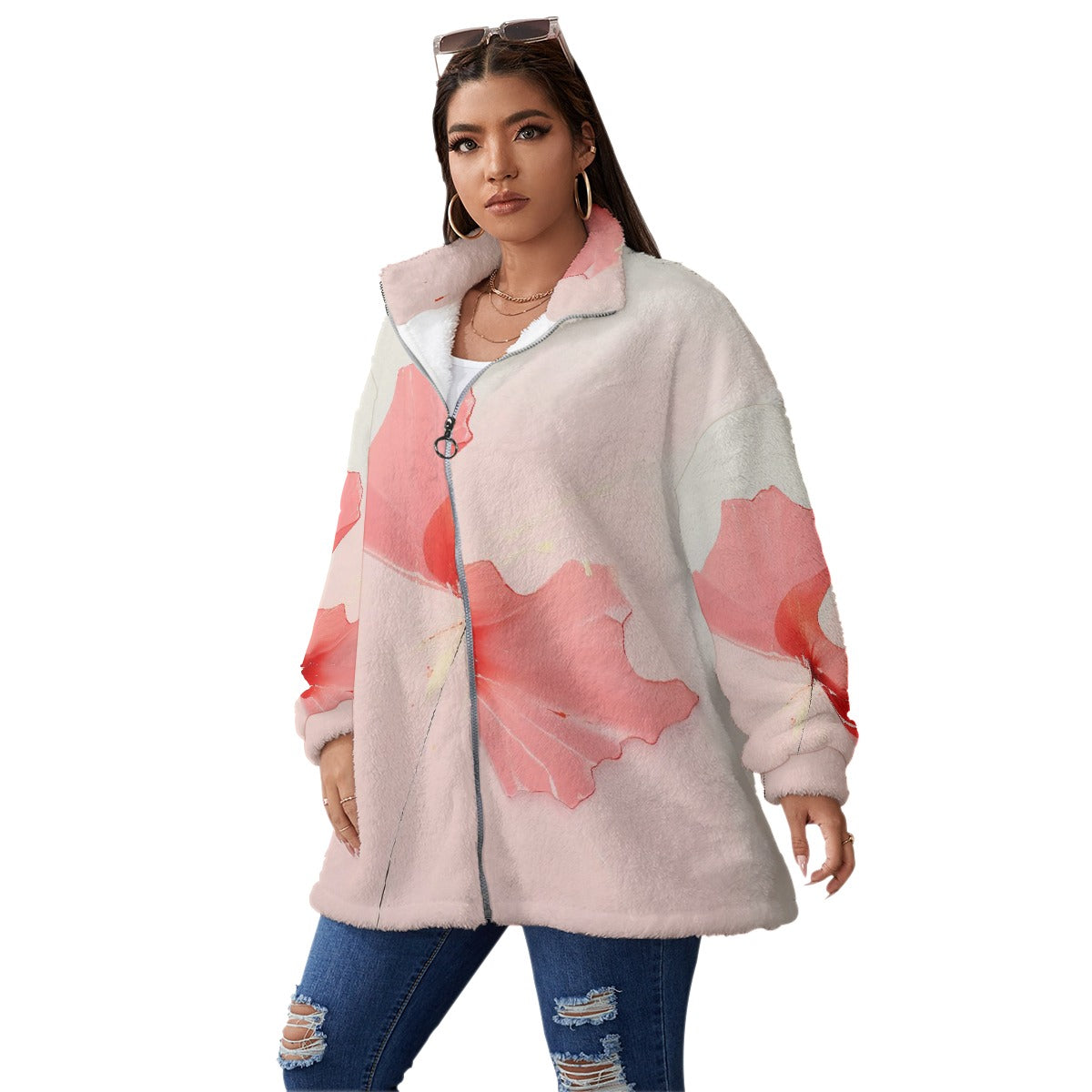 All-Over Print Unisex Borg Fleece Stand-up Collar Coat With Zipper Closure(Plus Size)