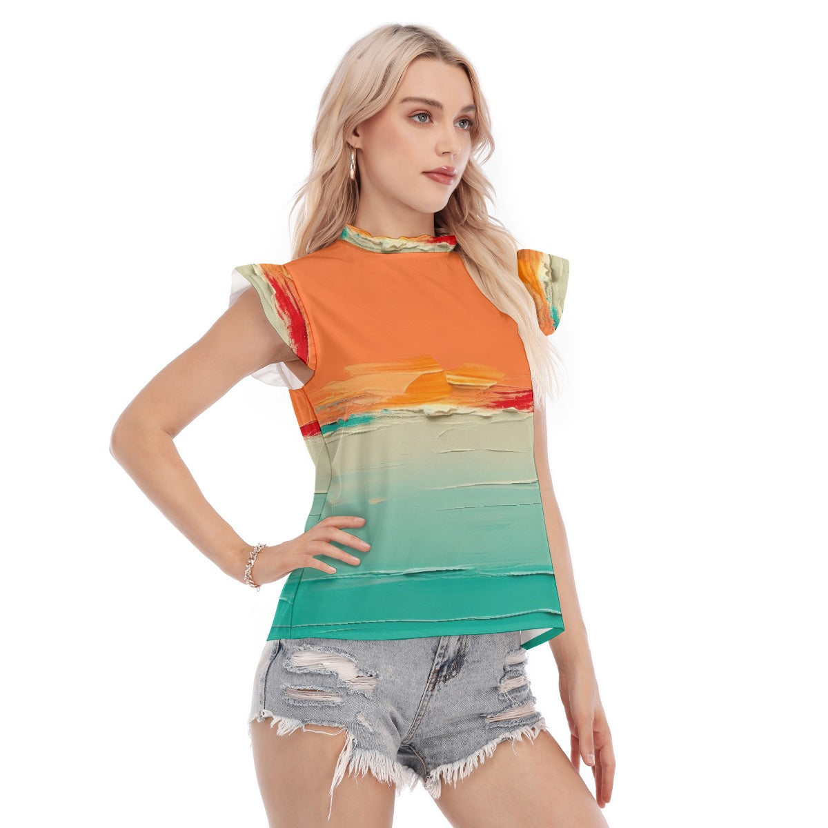 All-Over Print Women's Blouse With Ruffle Collar And Sleeve