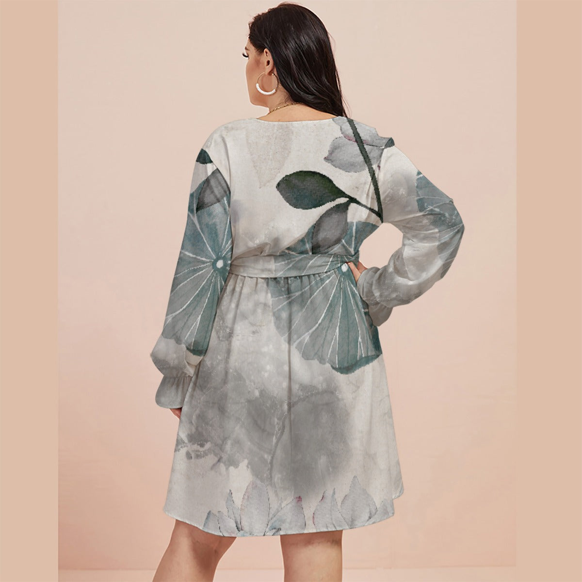 All-Over Print Women's V-neck Dress With Waistband(Plus Size)