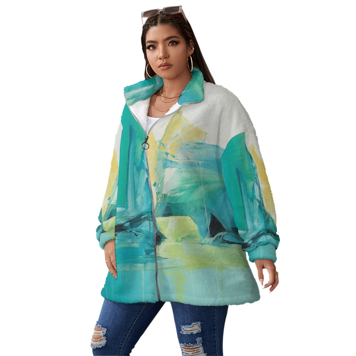 All-Over Print Unisex Borg Fleece Stand-up Collar Coat With Zipper Closure(Plus Size)