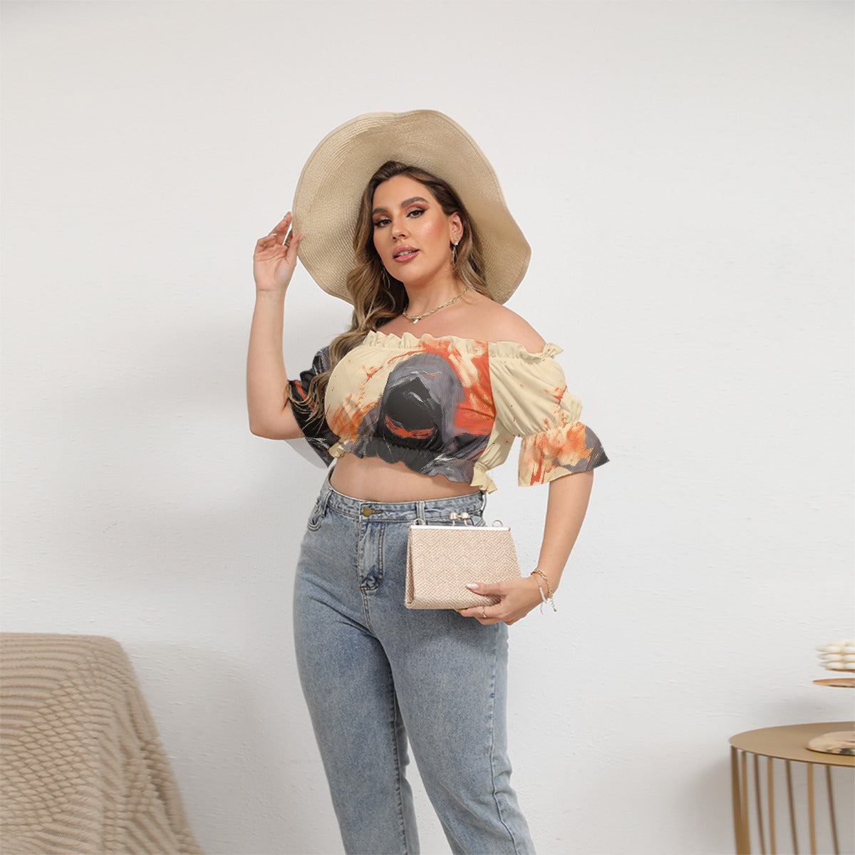 All-Over Print Women's Off-shoulder Cropped Top With Short Puff Sleeve