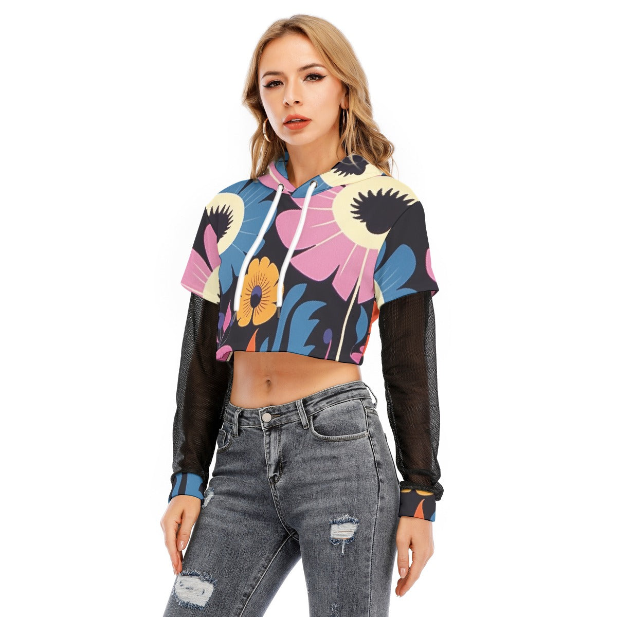 All-Over Print Women's Fake Two-piece Mesh Sleeve Cropped Hoodie
