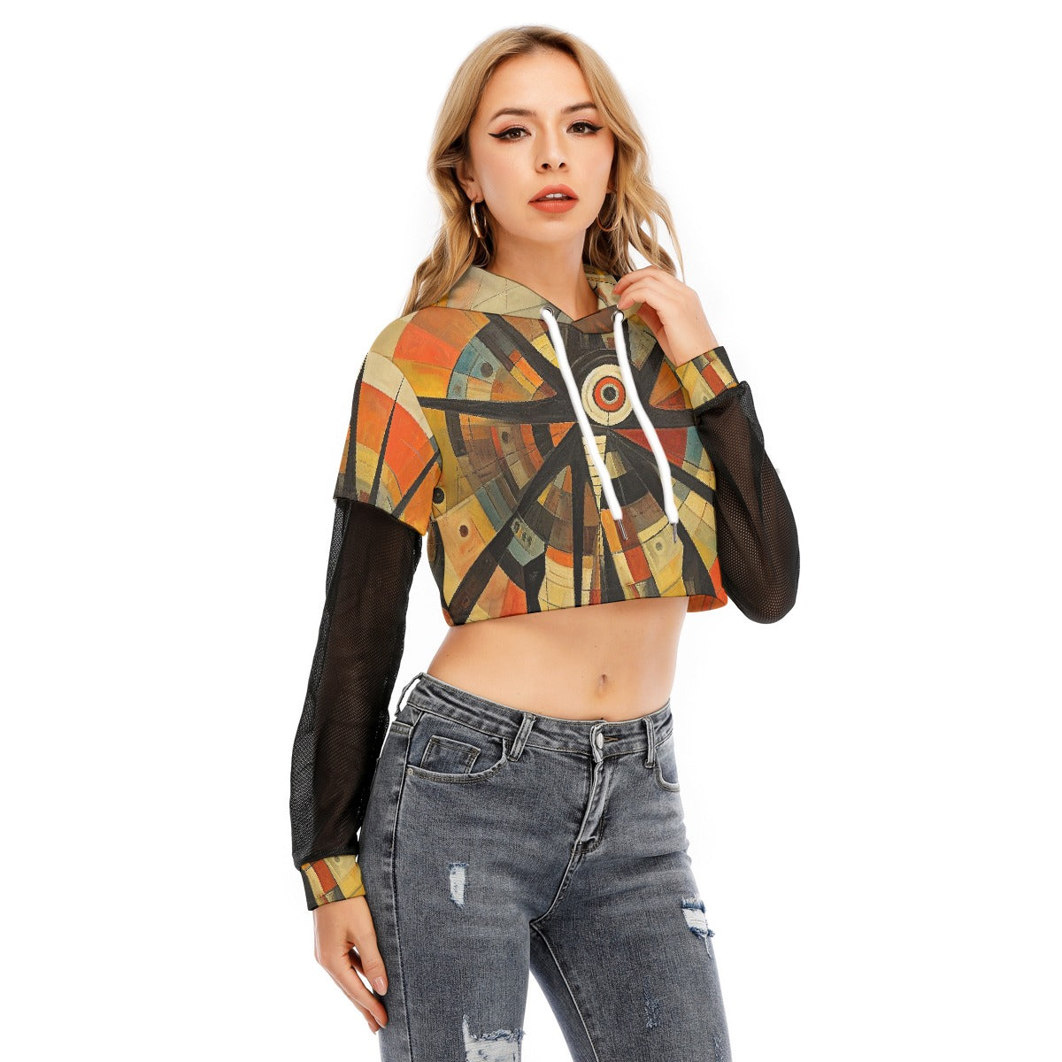 All-Over Print Women's Fake Two-piece Mesh Sleeve Cropped Hoodie