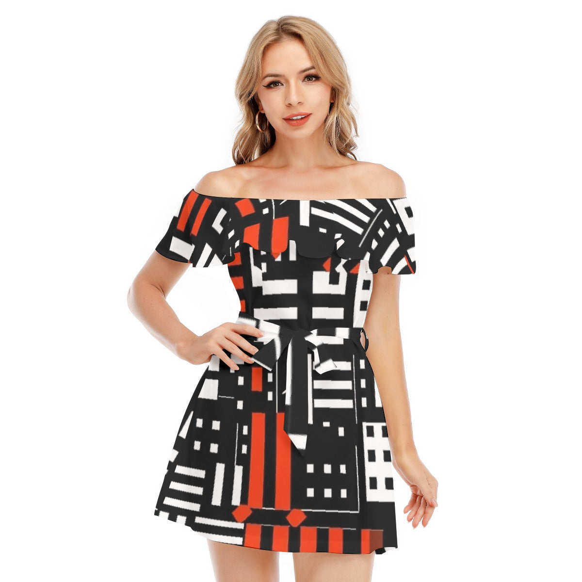 All-Over Print Women's Off-shoulder Dress With Ruffle