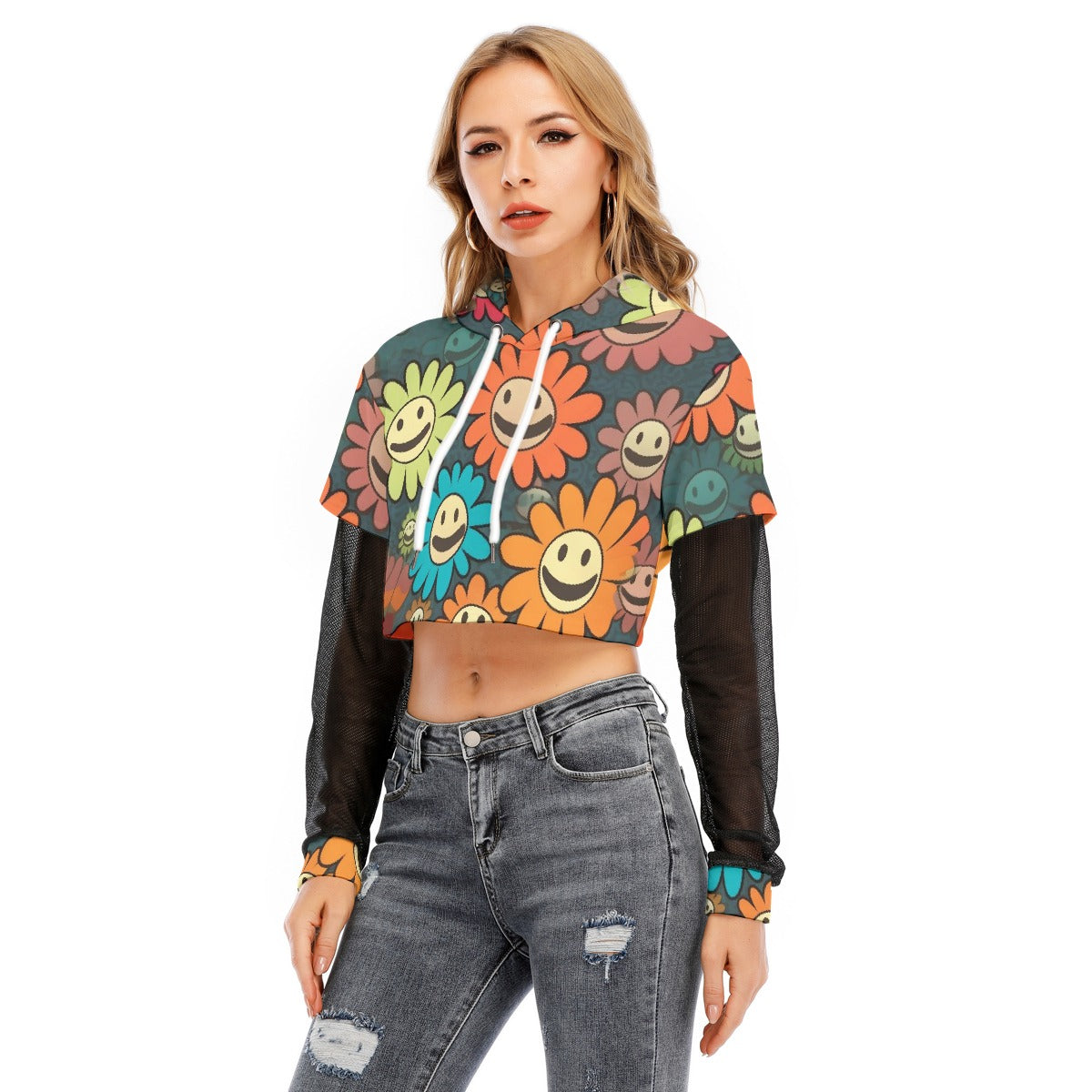 All-Over Print Women's Fake Two-piece Mesh Sleeve Cropped Hoodie