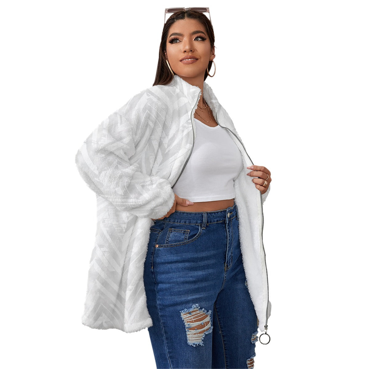 All-Over Print Unisex Borg Fleece Stand-up Collar Coat With Zipper Closure(Plus Size)