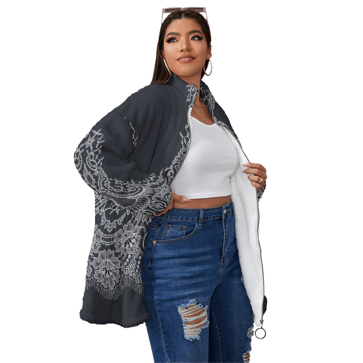 All-Over Print Unisex Borg Fleece Stand-up Collar Coat With Zipper Closure(Plus Size)